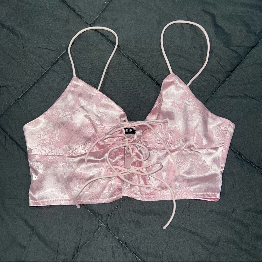 SHEIN Pink Floral Cherry-blossom Lace-Up Bow Satin Crop Top